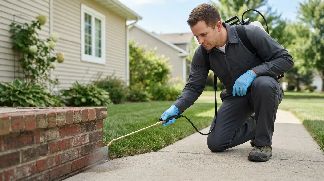 Pest control technician treating a home near Manchester Center, VT